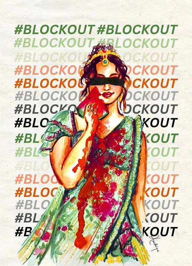 A painting of Alia Bhatt with her eyes taped over and holding a slice of watermelon dribbling onto her Sabyasachi saree she wore to the Met Gala 2024. Image: Instagram.com/huesonmycanvas 